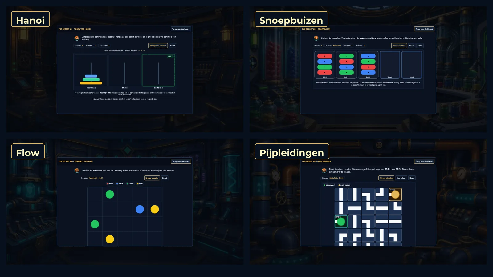 De vier minigames Hanoi, Snoepbuizen, Flow en Pijpleidingen